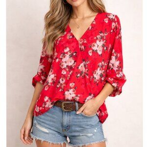 Kut From The Kloth Red Floral Blouse Shirt Flower Top Western Roll Tab Small 3/4